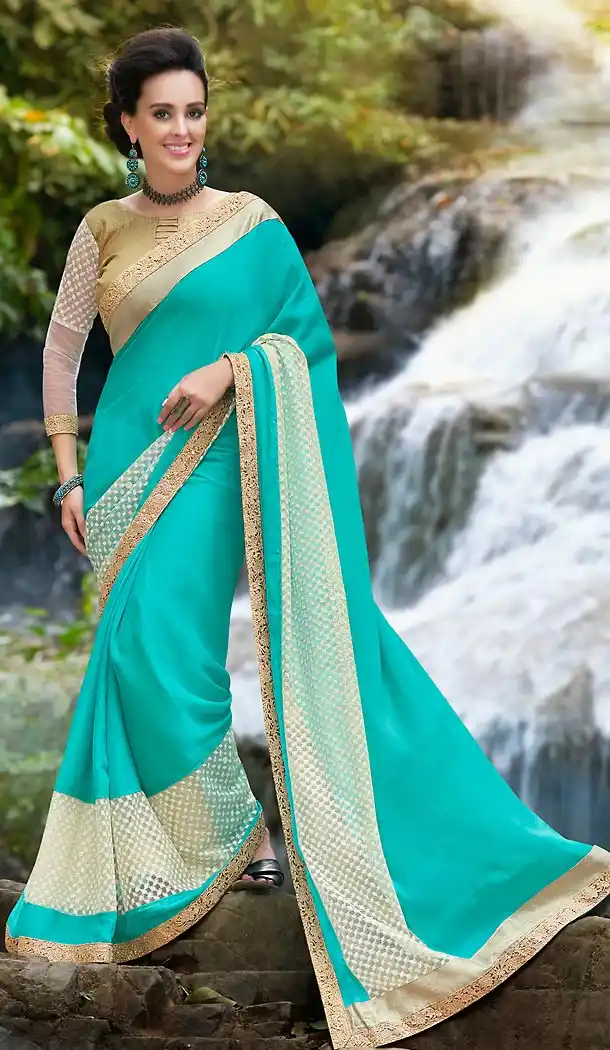 Turquoise Color Chiffon Embroidered Party wear Sarees with Stitched Blouse | FH452870972