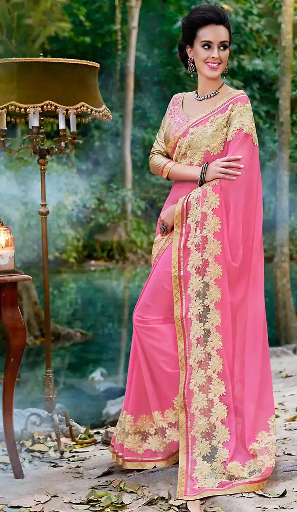 Pink Color Chiffon Embroidered Party wear Sarees with Stitched Blouse | FH452870973