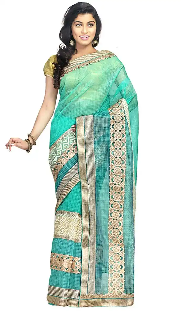 Super Net Fabric Turquoise Color Embroidered Saris With Blouse  | FH453271021
