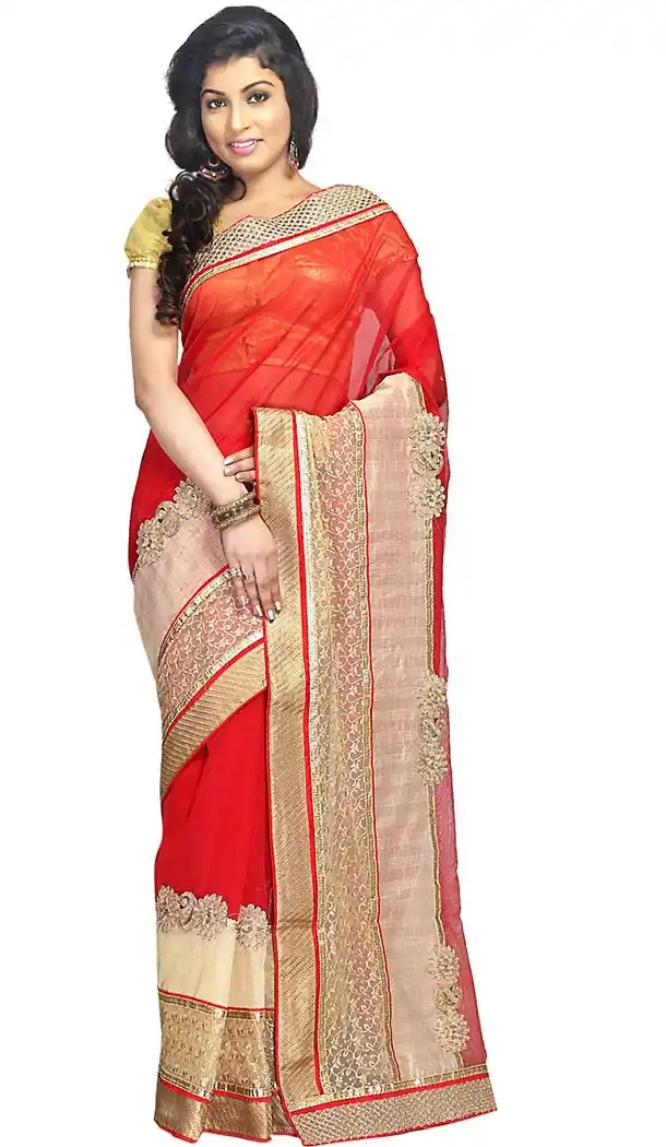 Super Net Fabric Red Color Embroidered Saris With Blouse  | FH453271023