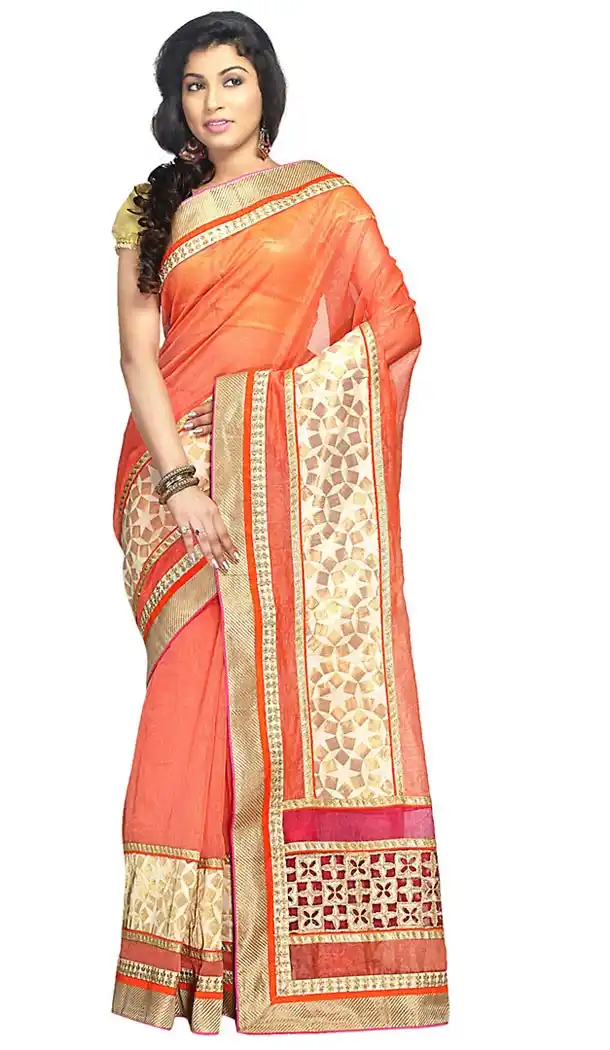 Super Net Fabric Orange Color Embroidered Saris With Blouse  | FH453271027