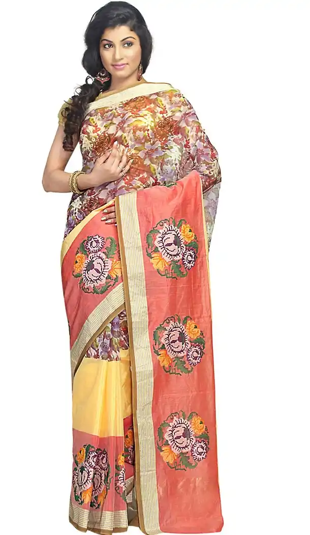 Super Net Fabric Salmon Color Embroidered Saris With Blouse  | FH453271028