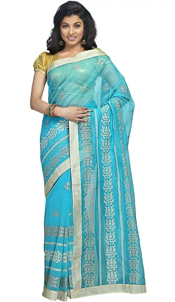 Sky Blue Color Super Net Fabric Embroidered Saris With Blouse | FH453371036