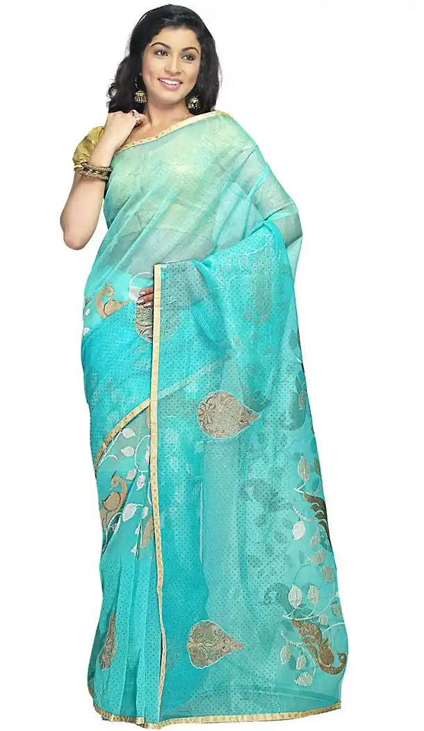 Turquoise Color Super Net Fabric Embroidered Saris With Blouse | FH453371037
