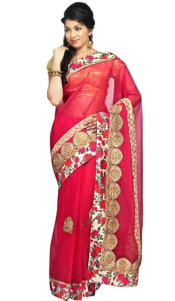 Deep Pink Color Super Net Fabric Embroidered Saris With Blouse | FH453371042