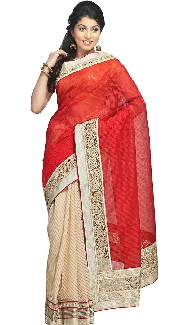 Red Color Super Net Fabric Embroidered Saris With Blouse | FH453371043