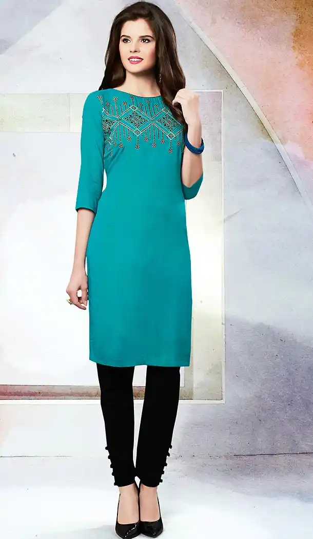 Aqua Blue Color Cotton Trendy Daily Wear Readymade Kurti | FH454071120