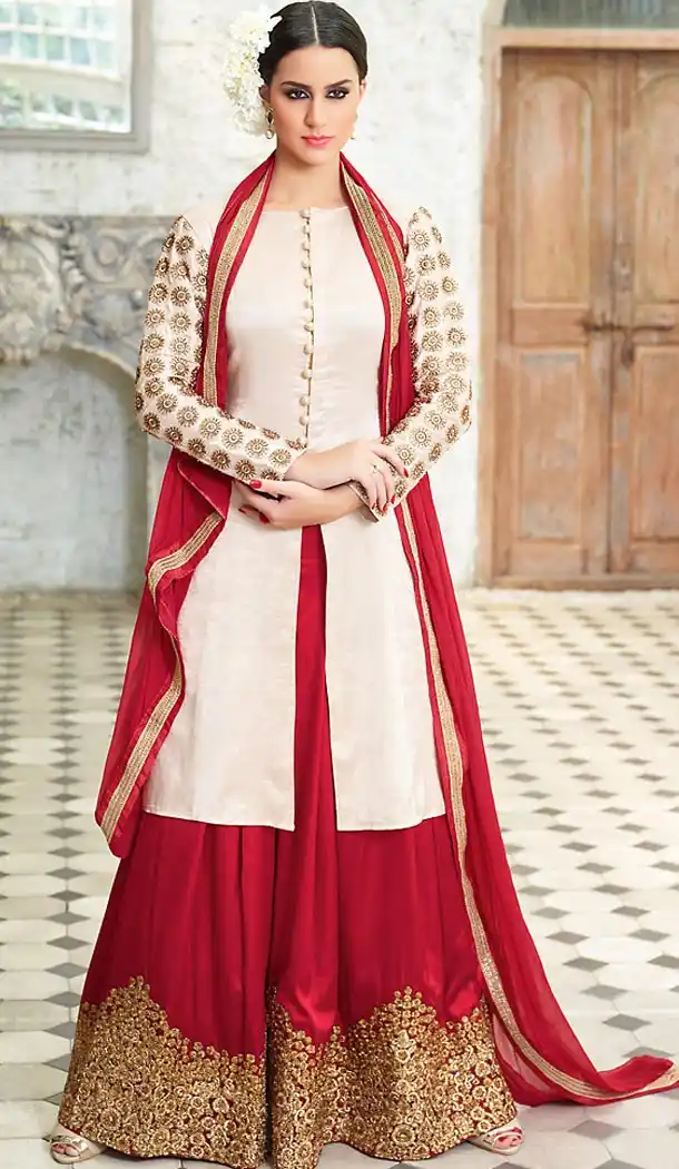 Off White Color and Silk Fabric Disigner Stitched Kameez and Palazzo Pants with Dupatta | FH454171130