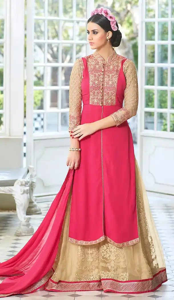 Deep Pink Color and Georgette Fabric Disigner Stitched Kameez and Palazzo Pants with Dupatta | FH454171132