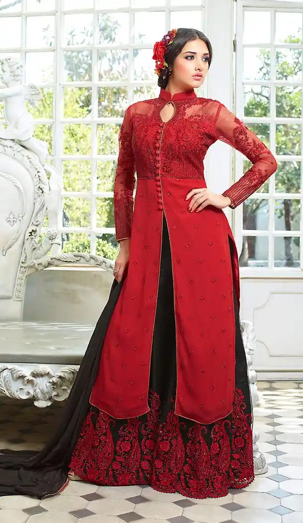 Deep Scarlet Color and Georgette Fabric Disigner Stitched Kameez and Palazzo Pants with Dupatta | FH454171133