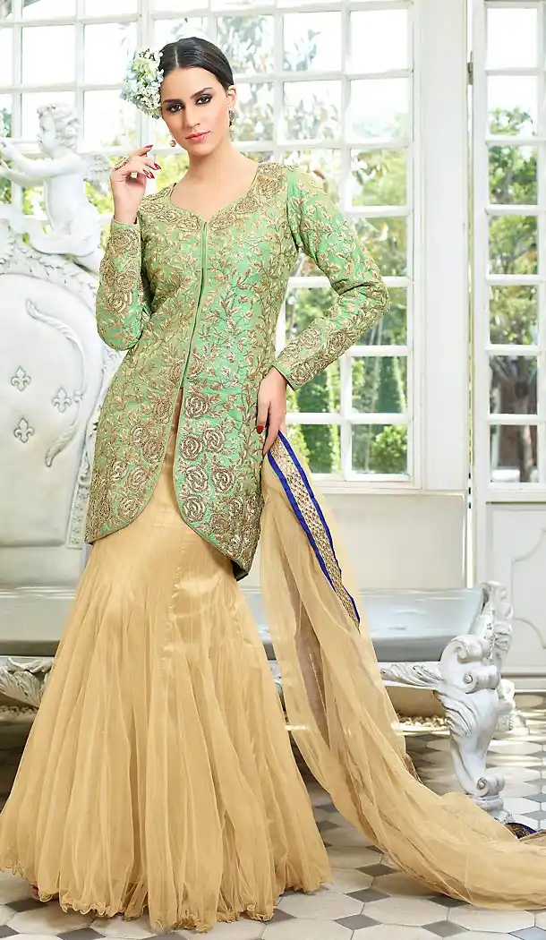 Mint Green Color and Silk Fabric Disigner Stitched Kameez and Lehenga with Dupatta | FH454171134