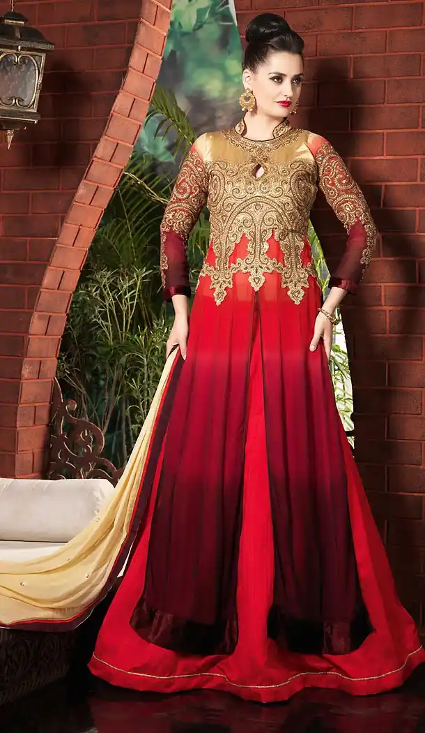 Deep Scarlet Color and Georgette Fabric Disigner Stitched Kameez and Lehenga with Dupatta | FH454671198