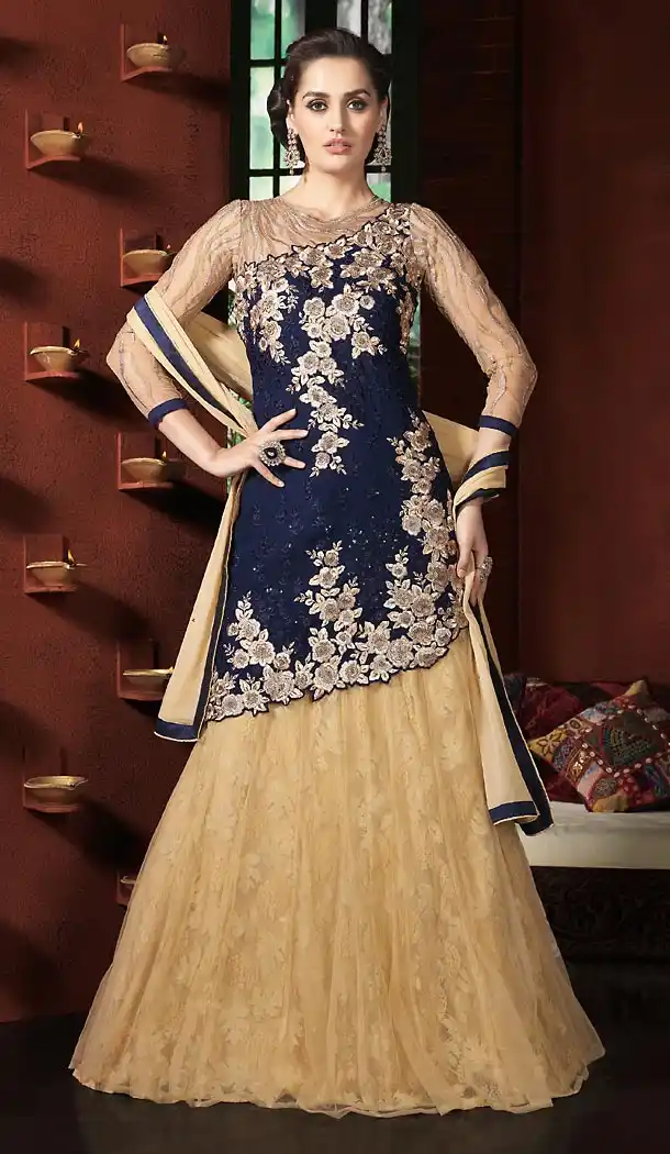 Navy Blue Color and Georgette Fabric Disigner Stitched Kameez and Lehenga with Dupatta | FH454671199