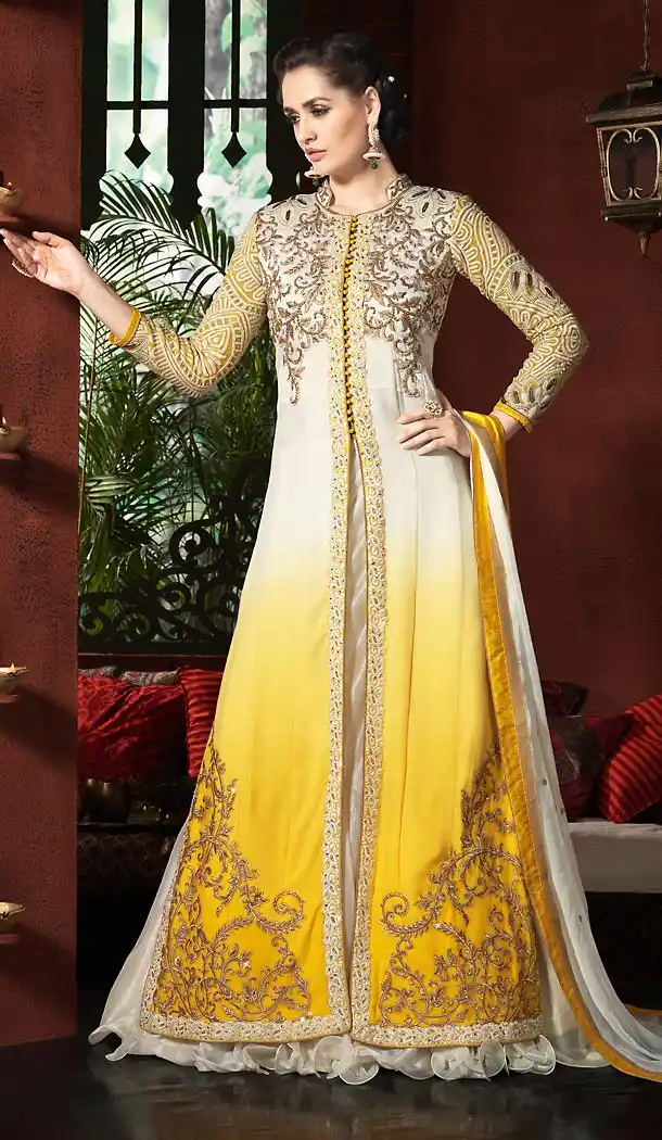 Yellow Color and Georgette Fabric Disigner Stitched Kameez and Lehenga with Dupatta | FH454671200