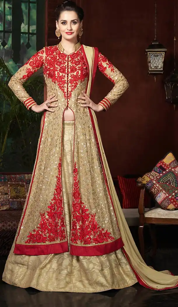 Tan Brown Color and Georgette Fabric Disigner Stitched Kameez and Lehenga with Dupatta | FH454671201