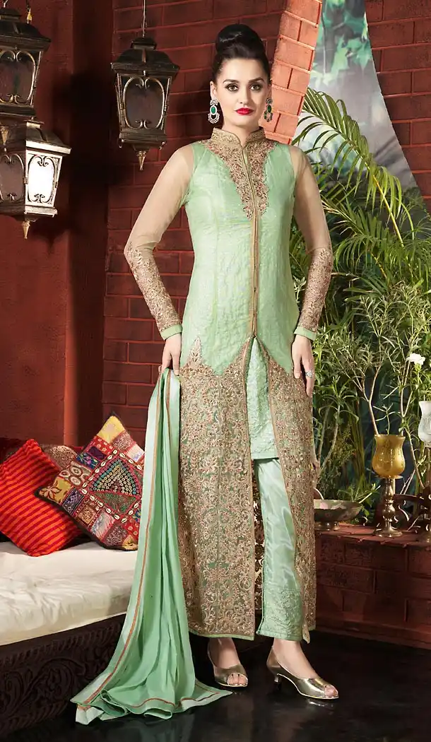 Aloe Vera Green Color and Net Fabric Disigner Stitched Kameez and Narrow Pants with Dupatta | FH454671202