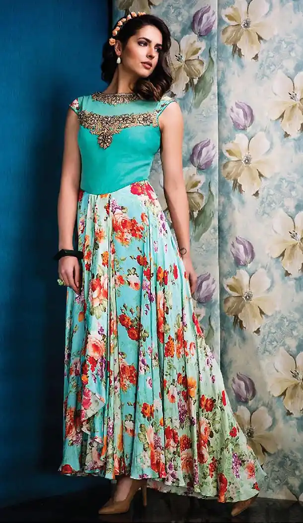 Turquoise Color Raw Silk Party Wear Style Stitched Gowns | FH454771210