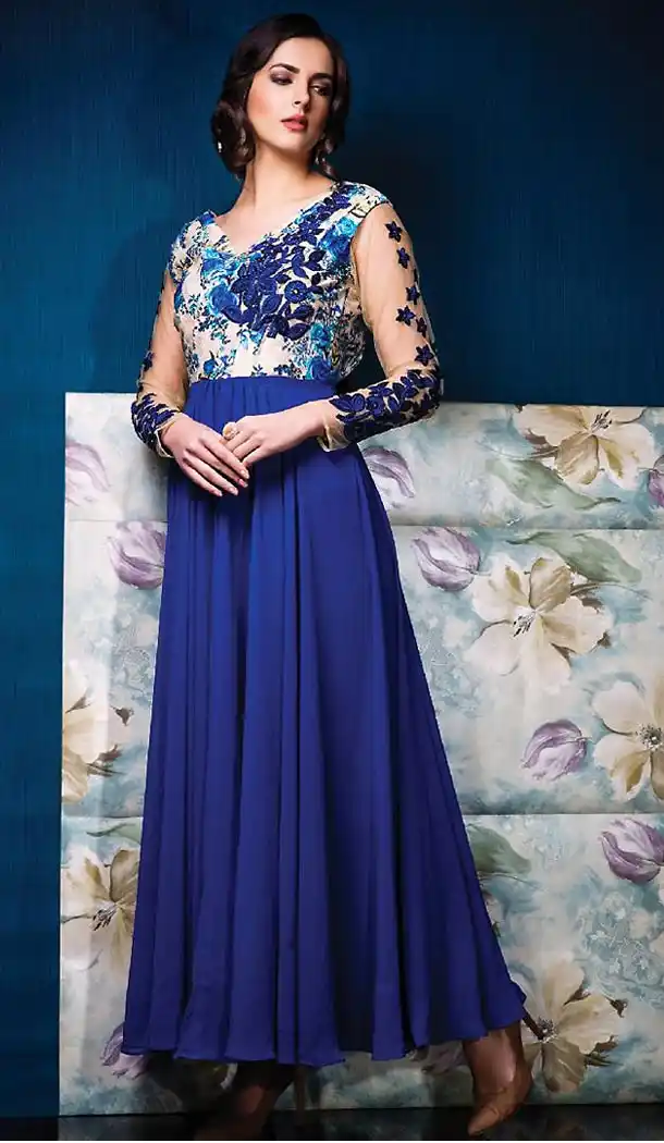 Royal Blue Color Raw Silk Party Wear Style Stitched Gowns | FH454771213