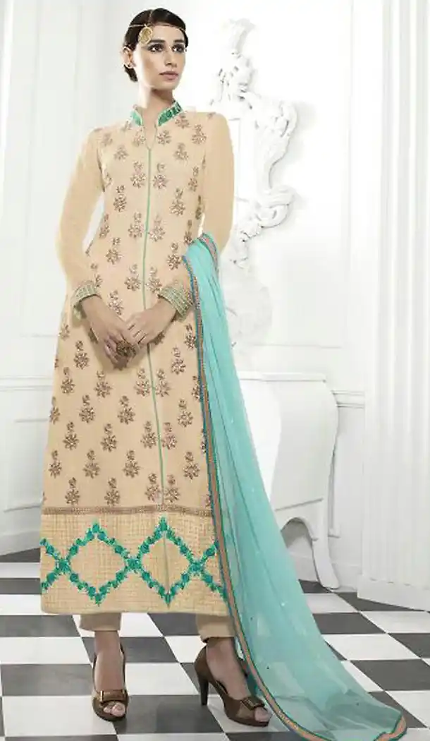 Tan Brown Color Georgette Pakistani Style Stitched Kameez and Narrow Pants with Dupatta | FH454871215