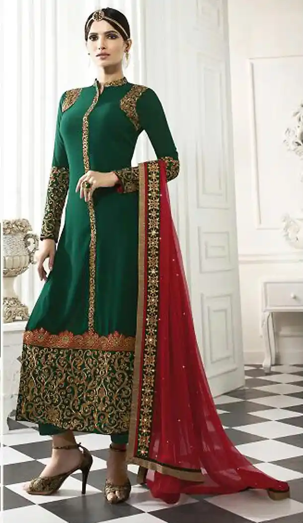Bottle Green Color Georgette Pakistani Style Stitched Kameez and Narrow Pants with Dupatta | FH454871217