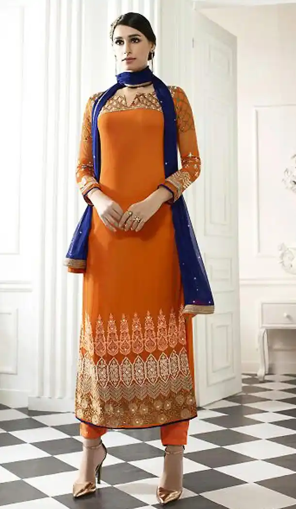 Orange Color Georgette Pakistani Style Stitched Kameez and Narrow Pants with Dupatta | FH454871218