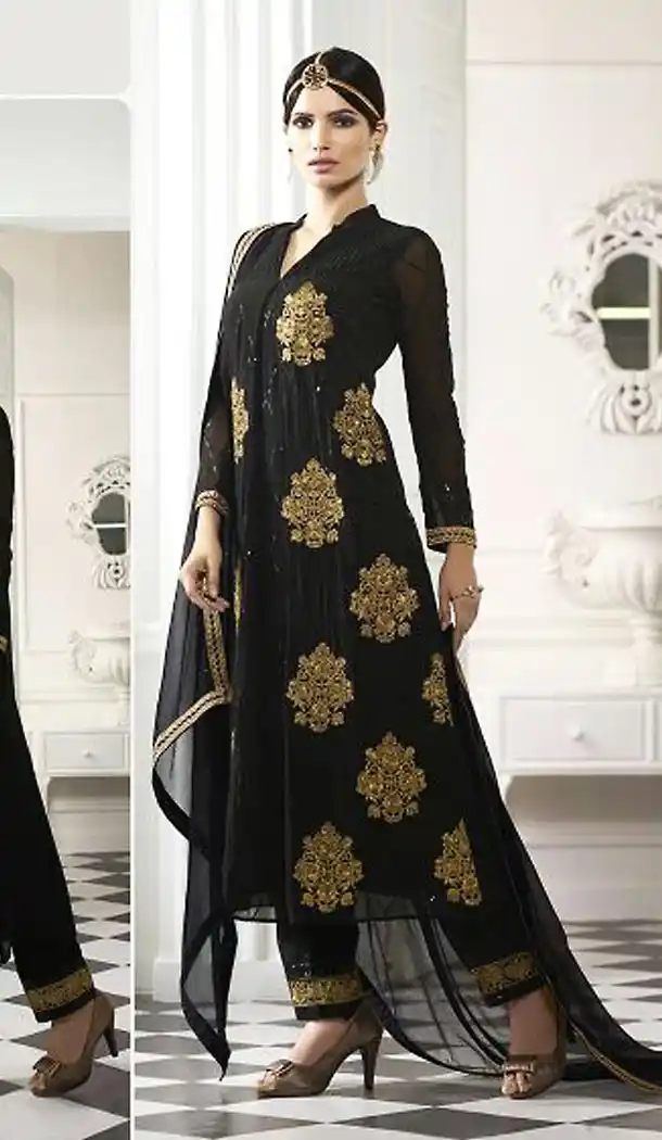 Black Color Georgette Pakistani Style Stitched Kameez and Narrow Pants with Dupatta | FH454871219