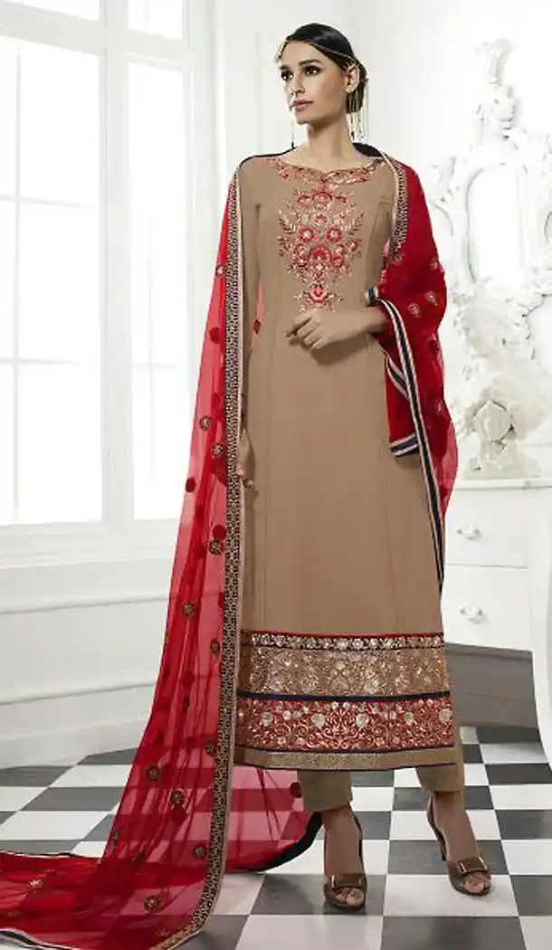 Tan Brown Color Georgette Pakistani Style Stitched Kameez and Narrow Pants with Dupatta | FH454871220