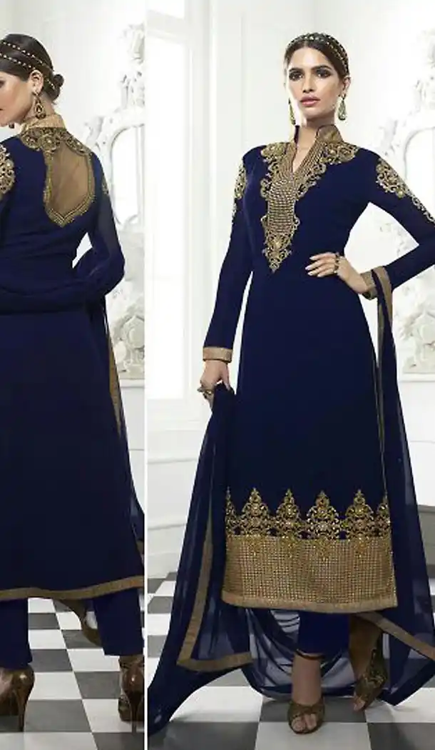 Navy Blue Color Georgette Pakistani Style Stitched Kameez and Narrow Pants with Dupatta | FH454871221