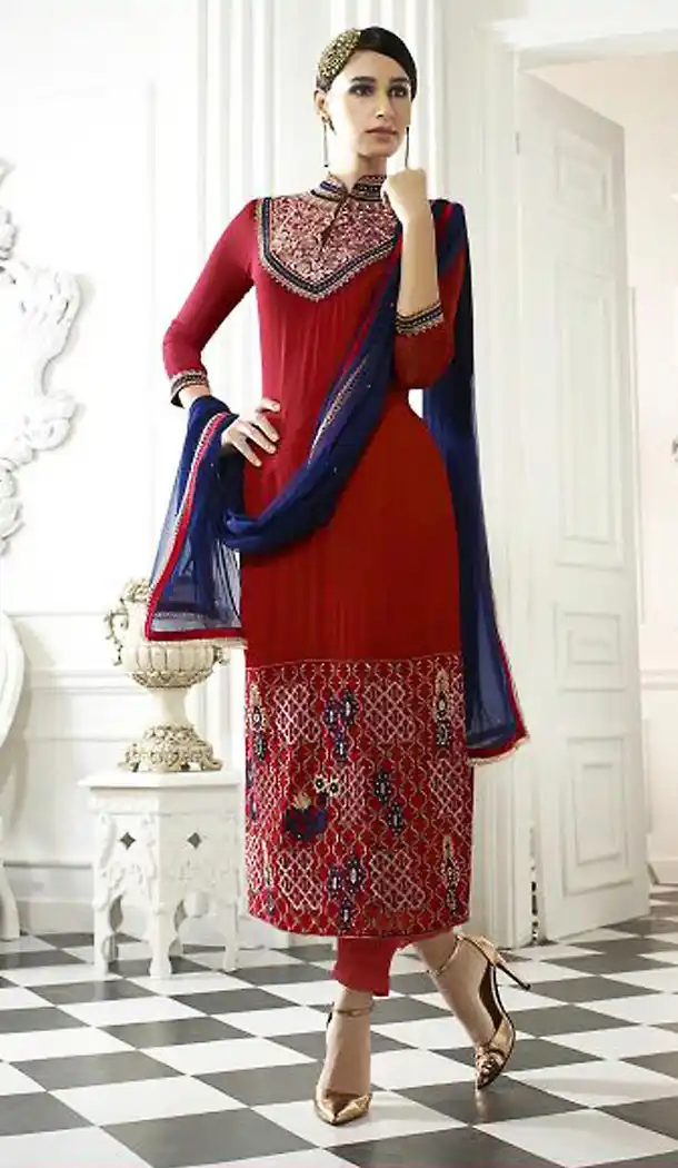 Deep Scarlet Color Georgette Pakistani Style Stitched Kameez and Narrow Pants with Dupatta | FH454871222