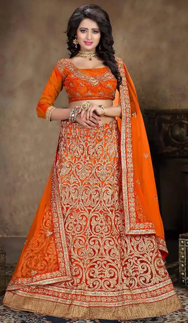 Orange Color Net A Line Lehenga Designer Stitched Lehengas with Dupatta | FH455071238