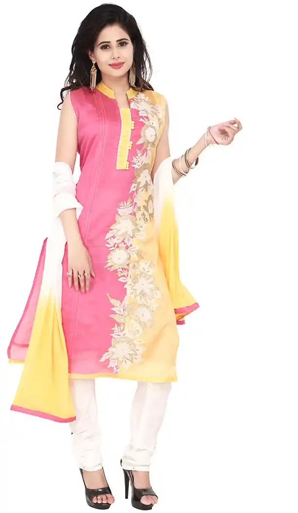 Salmon Color Chanderi Silk Straight Cut Readymade Churidar Kameez | FH455671317