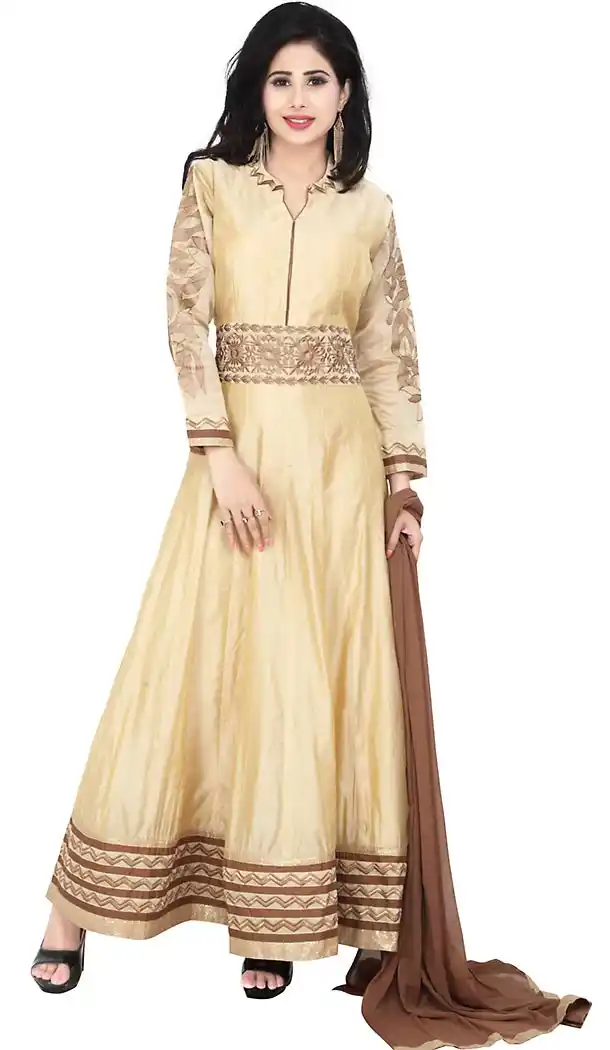 Beige Color Chanderi Silk Anarkali Readymade Churidar Kameez | FH455771343