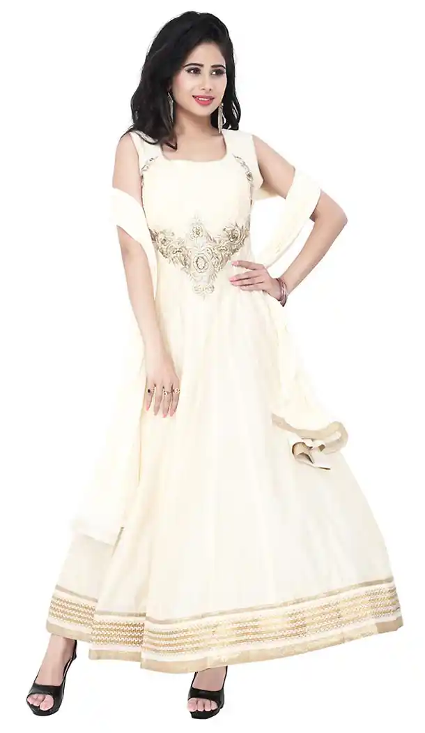 Off White Color Chanderi Silk Anarkali Readymade Churidar Kameez | FH455771348