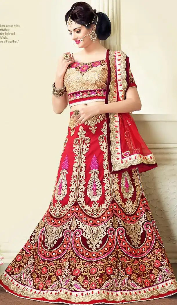 Red Color Net A Line Lehenga Bridal Lehenga Choli | FH455871328