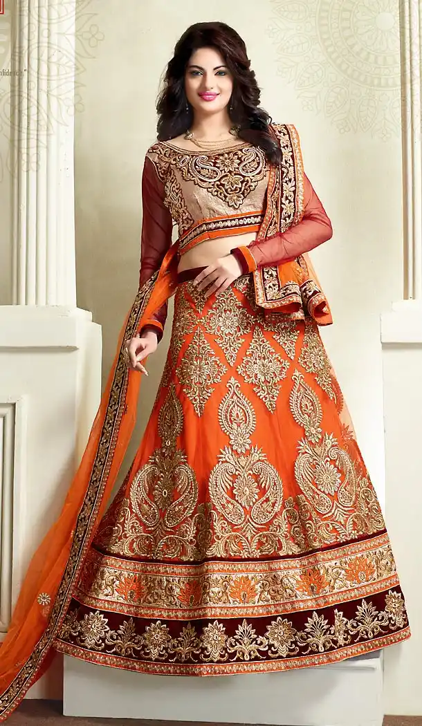 Orange Color Net A Line Lehenga Bridal Lehenga Choli | FH455871331