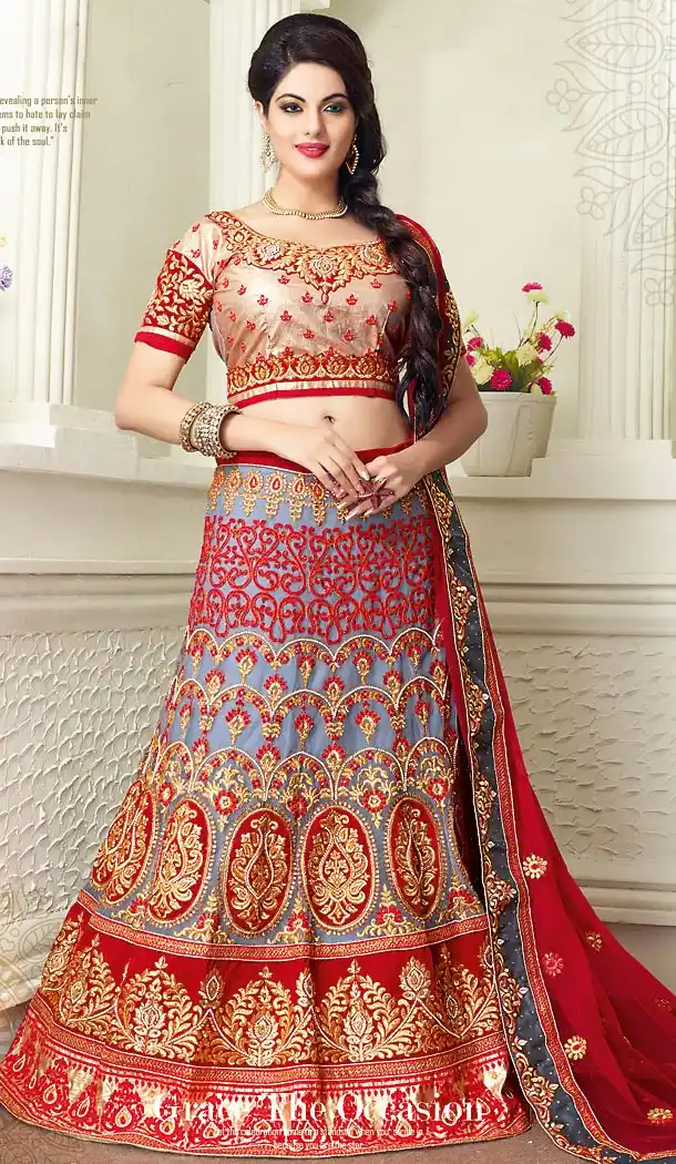 Slate Gray Color Net A Line Lehenga Bridal Lehenga Choli | FH455871337