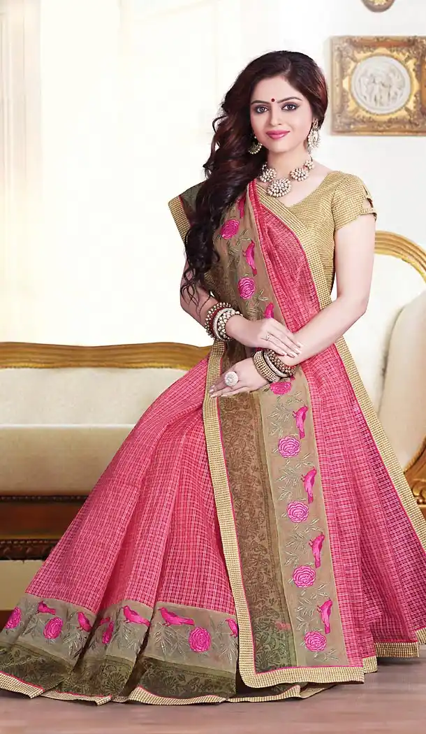 Super Net Fabric Salmon Color Traditional Style Sarees With Stitched Blouse | FH456071371