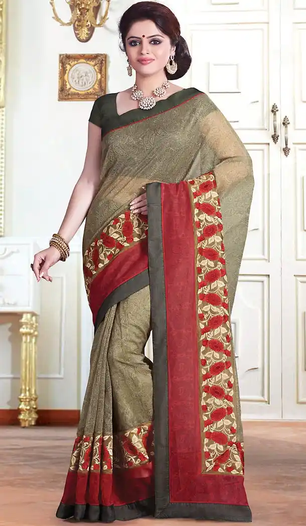 Super Net Fabric Beige Color Traditional Style Sarees With Stitched Blouse | FH456071372