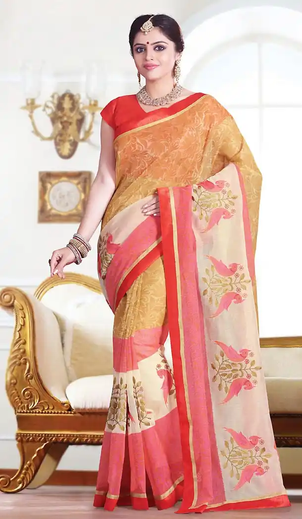 Super Net Fabric Beige Color Traditional Style Sarees With Stitched Blouse | FH456071373