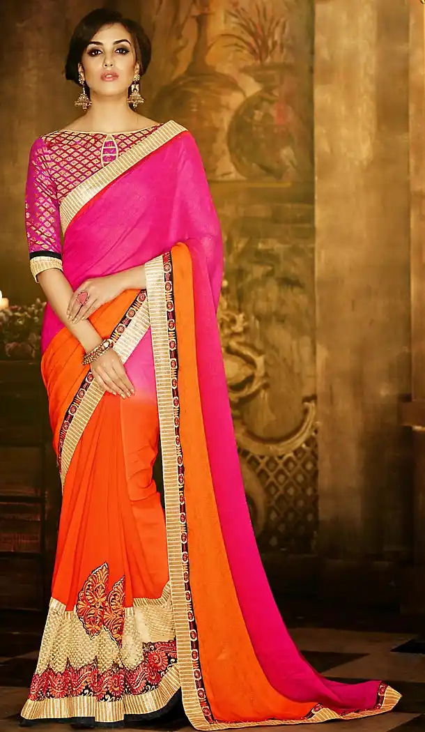 Polyester Fabric Orange Color Traditional Style Sarees with Blouse | FH456171375
