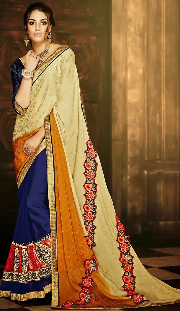 Polyester Fabric Navy Blue Color Traditional Style Sarees with Blouse | FH456171376