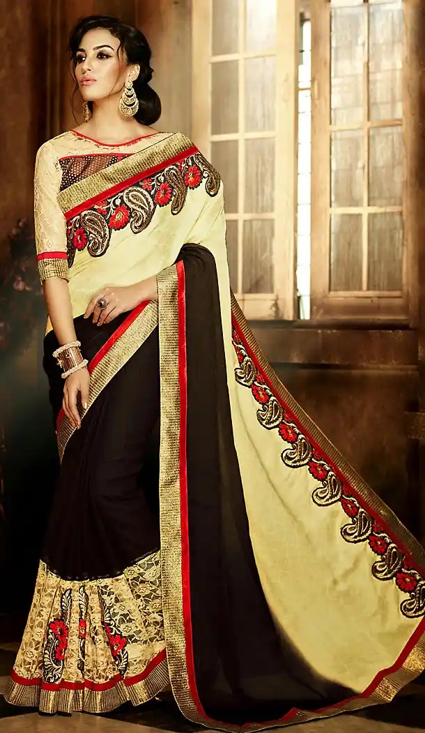 Polyester Fabric Butter Cream Color Traditional Style Sarees with Blouse | FH456171377