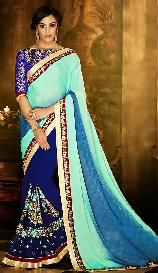 Polyester Fabric Navy Blue Color Traditional Style Sarees with Blouse | FH456171378