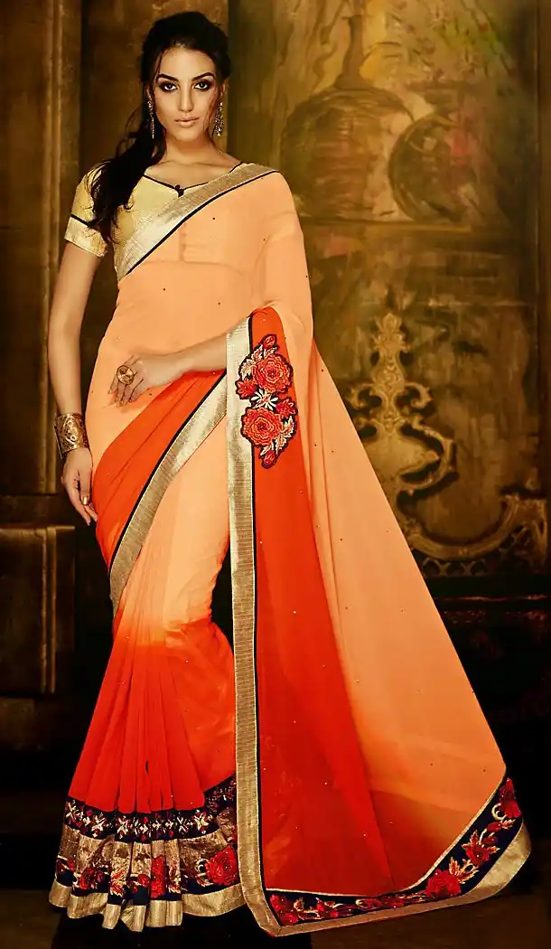 Georgette Fabric Deep Orange Color Traditional Style Sarees with Blouse | FH456171381