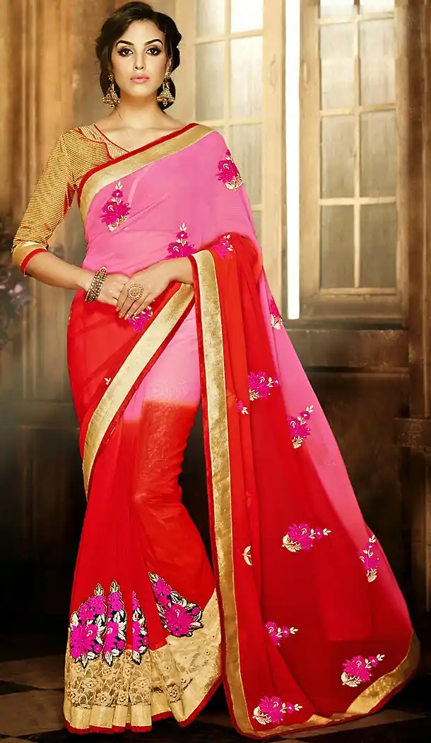 Georgette Fabric Red Color Traditional Style Sarees with Blouse | FH456171382