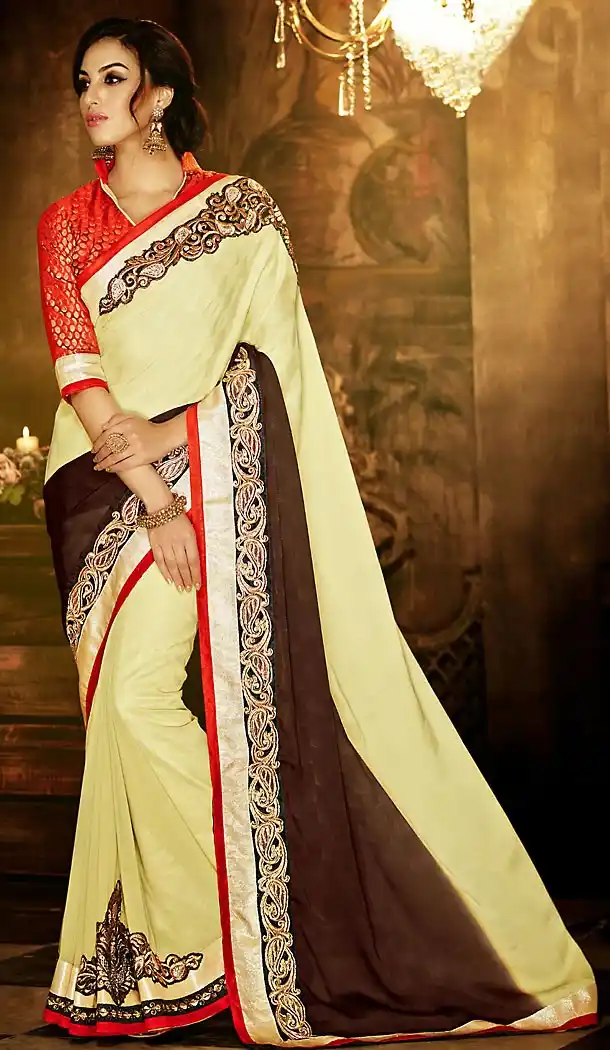 Polyester Fabric Butter Cream Color Traditional Style Sarees with Blouse | FH456171384
