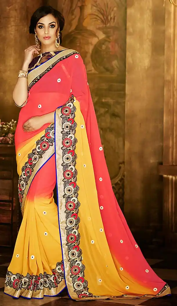 Georgette Fabric Yellow Color Traditional Style Sarees with Blouse | FH456171387