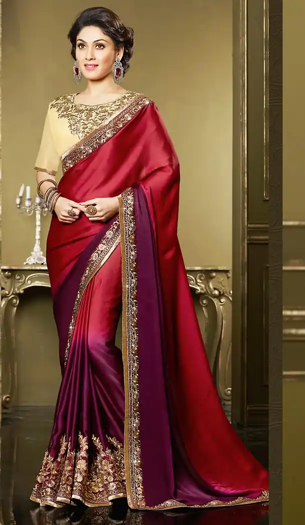Georgette Fabric Crimson Color Party Wear Style Sarees with Blouse | FH456271389
