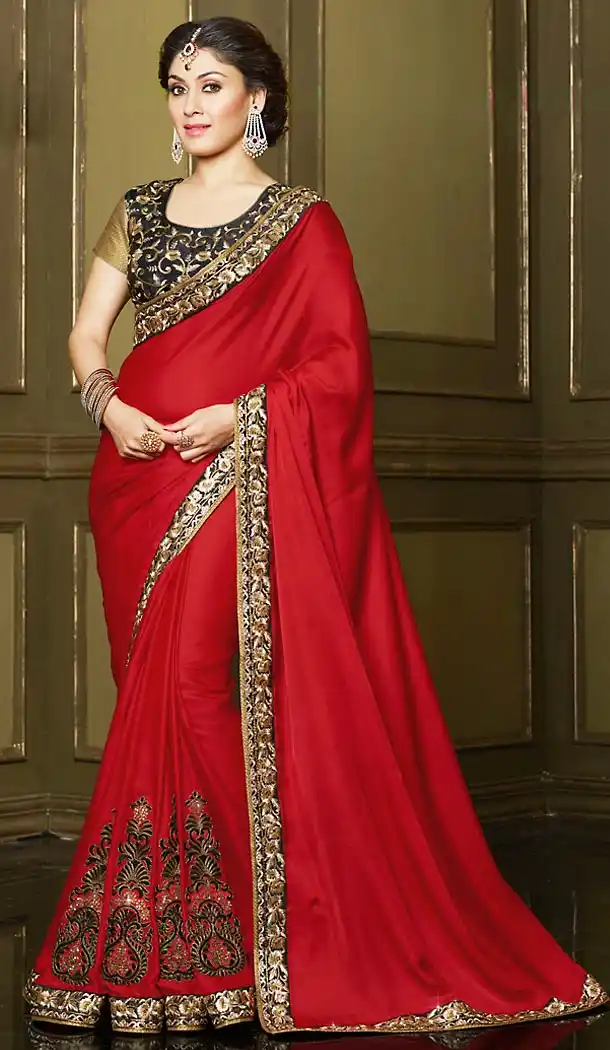 Georgette Fabric Red Color Party Wear Style Sarees with Blouse | FH456271395