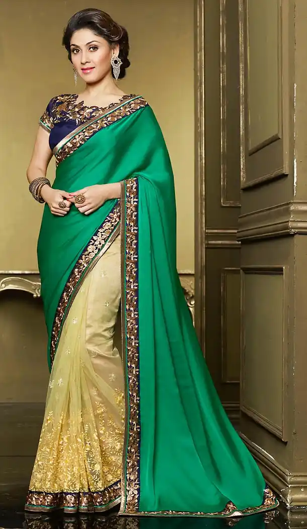 Georgette Fabric Emerald Color Party Wear Style Sarees with Blouse | FH456271396